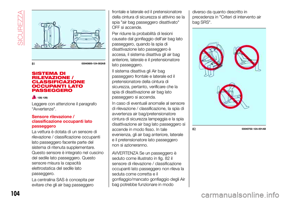 Abarth 124 Spider 2016  Libretto Uso Manutenzione (in Italian) SISTEMA DI
RILEVAZIONE /
CLASSIFICAZIONE
OCCUPANTI LATO
PASSEGGERO
128) 129)
Leggere con attenzione il paragrafo
“Avvertenze".
Sensore rilevazione /
classificazione occupanti lato
passeggero
La 