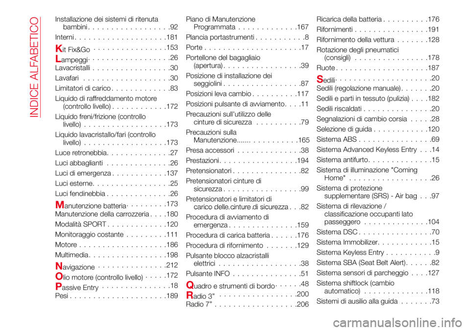Abarth 124 Spider 2017  Libretto Uso Manutenzione (in Italian) Installazione dei sistemi di ritenuta
bambini..................92
Interni....................181
Kit Fix&Go................153
Lampeggi..................26
Lavacristalli.................30
Lavafari...