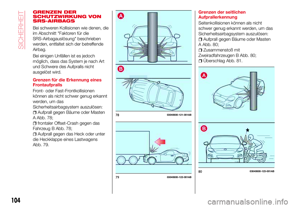 Abarth 124 Spider 2016 Betriebsanleitung (in German) GRENZEN DER
SCHUTZWIRKUNG VON
SRS-AIRBAGS
Bei schweren Kollisionen wie denen, die
im Abschnitt "Faktoren für die
SRS-Airbagauslösung" beschrieben
werden, entfaltet sich der betreffende
Airba Abarth 124 Spider 2016 Betriebsanleitung (in German) GRENZEN DER
SCHUTZWIRKUNG VON
SRS-AIRBAGS
Bei schweren Kollisionen wie denen, die
im Abschnitt "Faktoren für die
SRS-Airbagauslösung" beschrieben
werden, entfaltet sich der betreffende
Airba