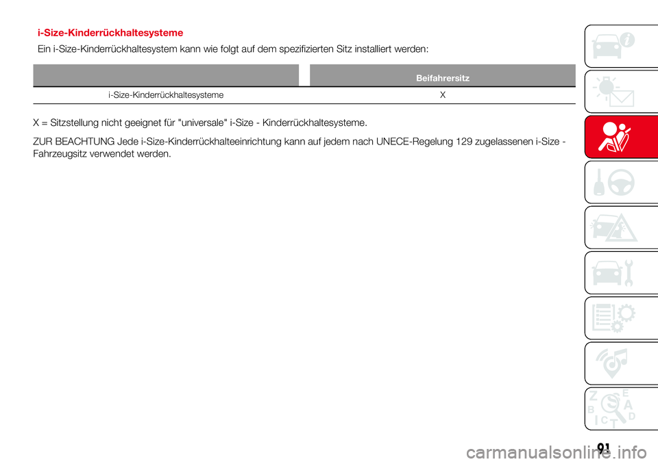 Abarth 124 Spider 2016  Betriebsanleitung (in German) Beifahrersitz
i-Size-Kinderrückhaltesysteme X
X = Sitzstellung nicht geeignet für "universale" i-Size - Kinderrückhaltesysteme.
ZUR BEACHTUNG Jede i-Size-Kinderrückhalteeinrichtung kann au