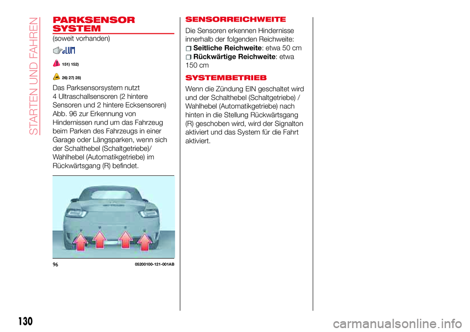 Abarth 124 Spider 2017 Betriebsanleitung (in German) PARKSENSOR
SYSTEM
(soweit vorhanden)
151) 152)
26) 27) 28)
Das Parksensorsystem nutzt
4 Ultraschallsensoren (2 hintere
Sensoren und 2 hintere Ecksensoren)
Abb. 96 zur Erkennung von
Hindernissen rund u Abarth 124 Spider 2017 Betriebsanleitung (in German) PARKSENSOR
SYSTEM
(soweit vorhanden)
151) 152)
26) 27) 28)
Das Parksensorsystem nutzt
4 Ultraschallsensoren (2 hintere
Sensoren und 2 hintere Ecksensoren)
Abb. 96 zur Erkennung von
Hindernissen rund u