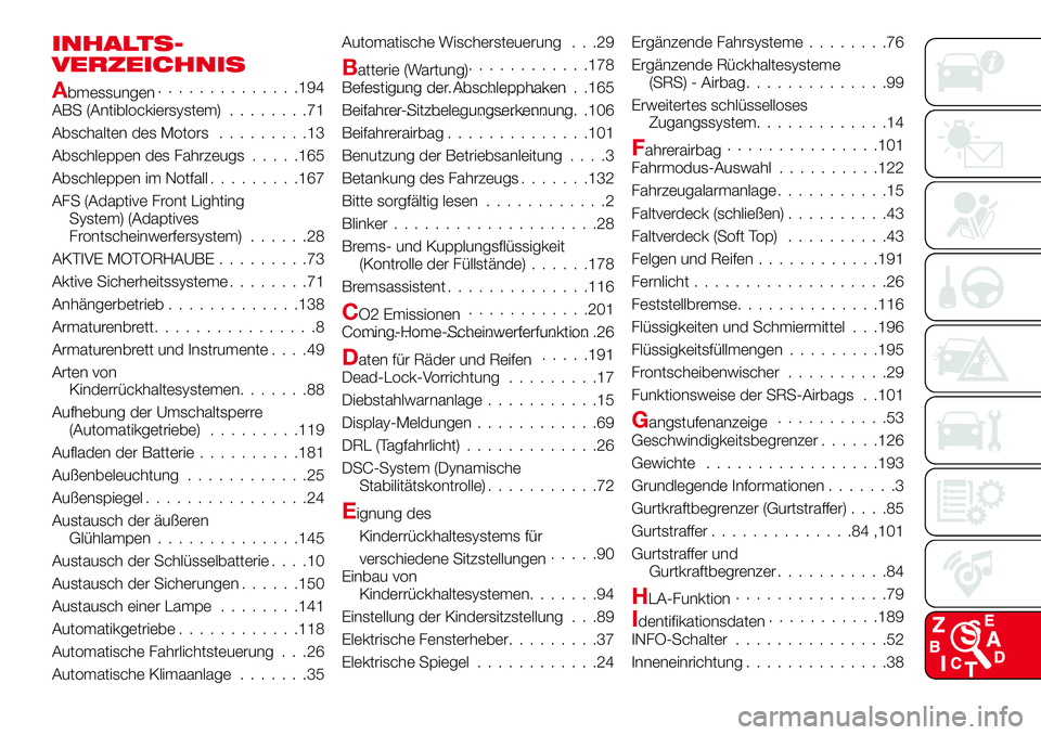 Abarth 124 Spider 2017 Betriebsanleitung (in German) INHALTS-
VERZEICHNIS
Abmessungen..............194
ABS (Antiblockiersystem)........71
Abschalten des Motors.........13
Abschleppen des Fahrzeugs.....165
Abschleppen im Notfall.........167
AFS (Adaptive Abarth 124 Spider 2017 Betriebsanleitung (in German) INHALTS-
VERZEICHNIS
Abmessungen..............194
ABS (Antiblockiersystem)........71
Abschalten des Motors.........13
Abschleppen des Fahrzeugs.....165
Abschleppen im Notfall.........167
AFS (Adaptive