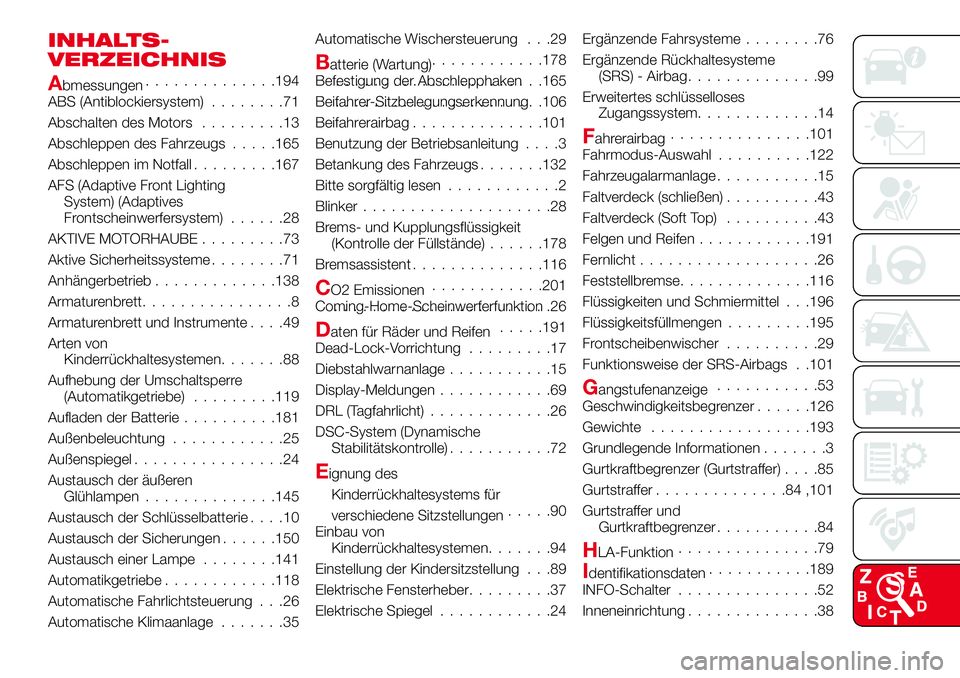 Abarth 124 Spider 2017  Betriebsanleitung (in German) INHALTS-
VERZEICHNIS
Abmessungen..............194
ABS (Antiblockiersystem)........71
Abschalten des Motors.........13
Abschleppen des Fahrzeugs.....165
Abschleppen im Notfall.........167
AFS (Adaptive