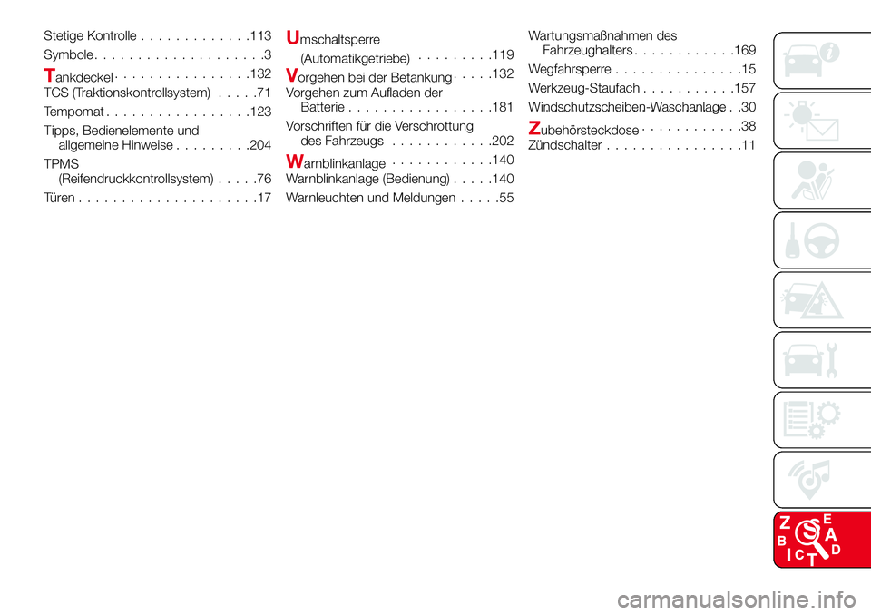 Abarth 124 Spider 2018  Betriebsanleitung (in German) Stetige Kontrolle.............113
Symbole....................3
Tankdeckel................132
TCS (Traktionskontrollsystem).....71
Tempomat.................123
Tipps, Bedienelemente und
allgemeine Hinw