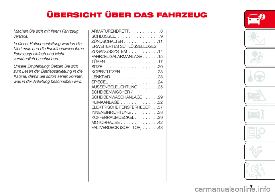 Abarth 124 Spider 2018 Betriebsanleitung (in German) ÜBERSICHT ÜBER DAS FAHRZEUG
Machen Sie sich mit Ihrem Fahrzeug
vertraut.
In dieser Betriebsanleitung werden die
Merkmale und die Funktionsweise Ihres
Fahrzeugs einfach und leicht
verständlich besch Abarth 124 Spider 2018 Betriebsanleitung (in German) ÜBERSICHT ÜBER DAS FAHRZEUG
Machen Sie sich mit Ihrem Fahrzeug
vertraut.
In dieser Betriebsanleitung werden die
Merkmale und die Funktionsweise Ihres
Fahrzeugs einfach und leicht
verständlich besch