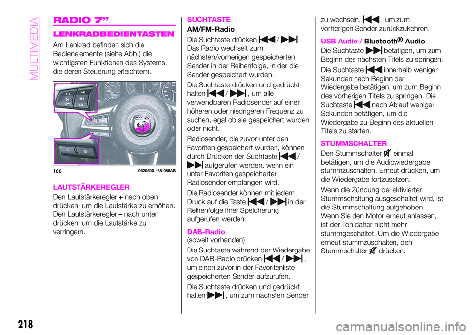 Abarth 124 Spider 2021  Betriebsanleitung (in German) RADIO 7”
LENKRADBEDIENTASTEN
Am Lenkrad befinden sich die
Bedienelemente (siehe Abb.) die
wichtigsten Funktionen des Systems,
die deren Steuerung erleichtern.
LAUTSTÄRKEREGLER
Den Lautstärkeregler