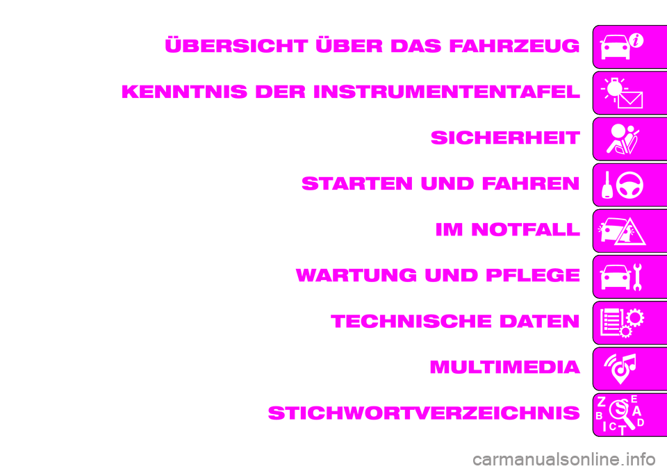 Abarth 124 Spider 2021 Betriebsanleitung (in German) ÜBERSICHT ÜBER DAS FAHRZEUG
KENNTNIS DER INSTRUMENTENTAFEL
SICHERHEIT
STARTEN UND FAHREN
IM NOTFALL
WARTUNG UND PFLEGE
TECHNISCHE DATEN
MULTIMEDIA
STICHWORTVERZEICHNIS Abarth 124 Spider 2021 Betriebsanleitung (in German) ÜBERSICHT ÜBER DAS FAHRZEUG
KENNTNIS DER INSTRUMENTENTAFEL
SICHERHEIT
STARTEN UND FAHREN
IM NOTFALL
WARTUNG UND PFLEGE
TECHNISCHE DATEN
MULTIMEDIA
STICHWORTVERZEICHNIS