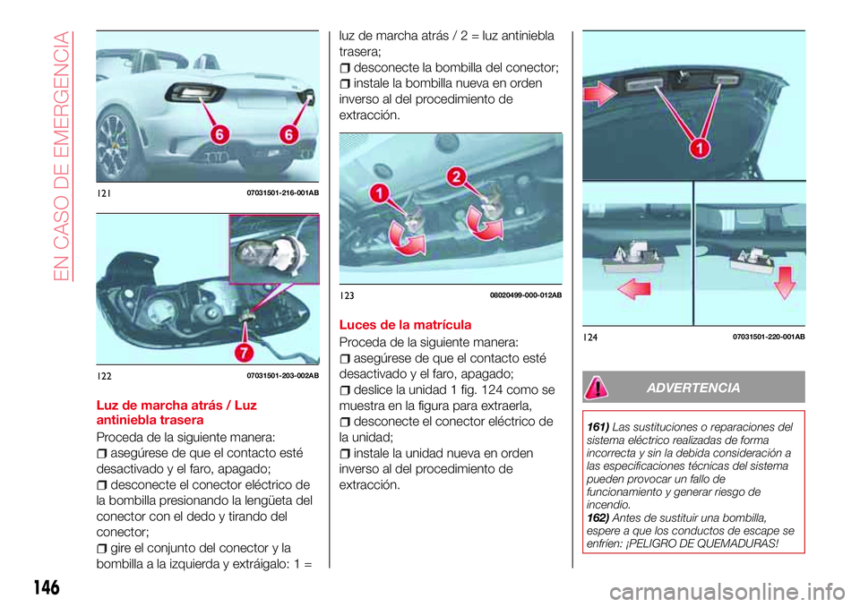 Abarth 124 Spider 2016 Manual de Empleo y Cuidado (in Spanish) Luz de marcha atrás / Luz
antiniebla trasera
Proceda de la siguiente manera:
asegúrese de que el contacto esté
desactivado y el faro, apagado;
desconecte el conector eléctrico de
la bombilla presi Abarth 124 Spider 2016 Manual de Empleo y Cuidado (in Spanish) Luz de marcha atrás / Luz
antiniebla trasera
Proceda de la siguiente manera:
asegúrese de que el contacto esté
desactivado y el faro, apagado;
desconecte el conector eléctrico de
la bombilla presi