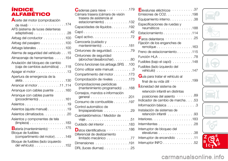 Abarth 124 Spider 2016  Manual de Empleo y Cuidado (in Spanish) ÍNDICE
ALFABÉTICO
Aceite del motor (comprobación
de nivel).................174
AFS (sistema de luces delanteras
adaptativas)...............28
Airbag del conductor..........100
Airbag del pasajero..