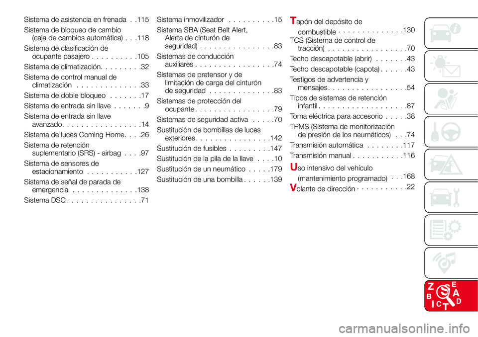 Abarth 124 Spider 2016 Manual de Empleo y Cuidado (in Spanish) Sistema de asistencia en frenada . .115
Sistema de bloqueo de cambio
(caja de cambios automática) . . .118
Sistema de clasificación de
ocupante pasajero..........105
Sistema de climatización....... Abarth 124 Spider 2016 Manual de Empleo y Cuidado (in Spanish) Sistema de asistencia en frenada . .115
Sistema de bloqueo de cambio
(caja de cambios automática) . . .118
Sistema de clasificación de
ocupante pasajero..........105
Sistema de climatización.......