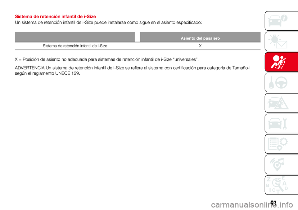 Abarth 124 Spider 2016 Manual de Empleo y Cuidado (in Spanish) Asiento del pasajero
Sistema de retención infantil de i-Size X
X = Posición de asiento no adecuada para sistemas de retención infantil de i-Size “universales”.
ADVERTENCIA Un sistema de retenci Abarth 124 Spider 2016 Manual de Empleo y Cuidado (in Spanish) Asiento del pasajero
Sistema de retención infantil de i-Size X
X = Posición de asiento no adecuada para sistemas de retención infantil de i-Size “universales”.
ADVERTENCIA Un sistema de retenci