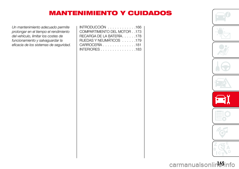 Abarth 124 Spider 2017 Manual de Empleo y Cuidado (in Spanish) MANTENIMIENTO Y CUIDADOS
Un mantenimiento adecuado permite
prolongar en el tiempo el rendimiento
del vehículo, limitar los costes de
funcionamiento y salvaguardar la
eficacia de los sistemas de segur Abarth 124 Spider 2017 Manual de Empleo y Cuidado (in Spanish) MANTENIMIENTO Y CUIDADOS
Un mantenimiento adecuado permite
prolongar en el tiempo el rendimiento
del vehículo, limitar los costes de
funcionamiento y salvaguardar la
eficacia de los sistemas de segur