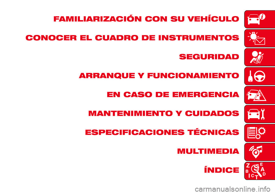 Abarth 124 Spider 2017  Manual de Empleo y Cuidado (in Spanish) FAMILIARIZACIÓN CON SU VEHÍCULO
CONOCER EL CUADRO DE INSTRUMENTOS
SEGURIDAD
ARRANQUE Y FUNCIONAMIENTO
EN CASO DE EMERGENCIA
MANTENIMIENTO Y CUIDADOS
ESPECIFICACIONES TÉCNICAS
MULTIMEDIA
ÍNDICE 