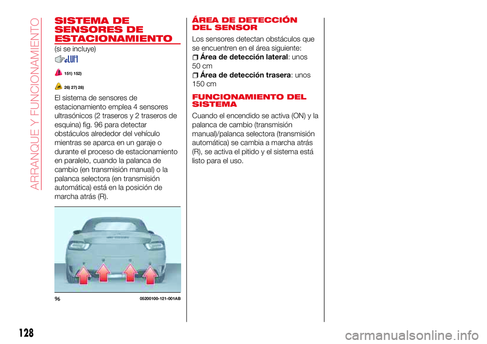 Abarth 124 Spider 2018 Manual de Empleo y Cuidado (in Spanish) SISTEMA DE
SENSORES DE
ESTACIONAMIENTO
(si se incluye)
151) 152)
26) 27) 28)
El sistema de sensores de
estacionamiento emplea 4 sensores
ultrasónicos (2 traseros y 2 traseros de
esquina) fig. 96 para Abarth 124 Spider 2018 Manual de Empleo y Cuidado (in Spanish) SISTEMA DE
SENSORES DE
ESTACIONAMIENTO
(si se incluye)
151) 152)
26) 27) 28)
El sistema de sensores de
estacionamiento emplea 4 sensores
ultrasónicos (2 traseros y 2 traseros de
esquina) fig. 96 para