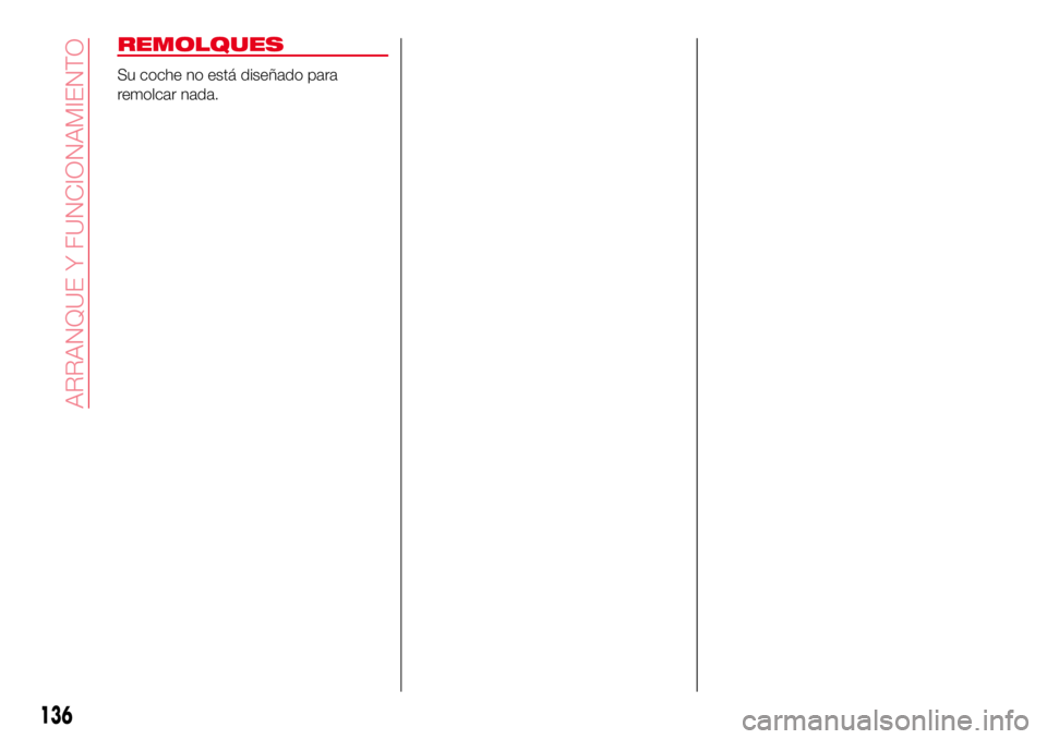 Abarth 124 Spider 2018 Manual de Empleo y Cuidado (in Spanish) REMOLQUES
Su coche no está diseñado para
remolcar nada.
136
ARRANQUE Y FUNCIONAMIENTO Abarth 124 Spider 2018 Manual de Empleo y Cuidado (in Spanish) REMOLQUES
Su coche no está diseñado para
remolcar nada.
136
ARRANQUE Y FUNCIONAMIENTO