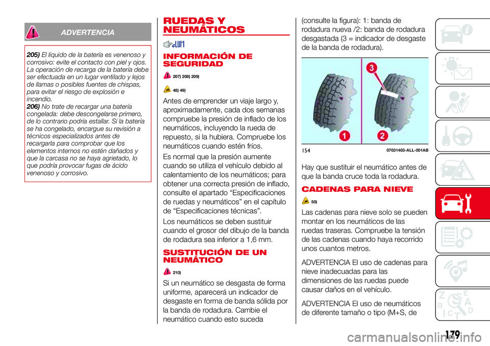 Abarth 124 Spider 2018 Manual de Empleo y Cuidado (in Spanish) ADVERTENCIA
205)El líquido de la batería es venenoso y
corrosivo: evite el contacto con piel y ojos.
La operación de recarga de la batería debe
ser efectuada en un lugar ventilado y lejos
de llama Abarth 124 Spider 2018 Manual de Empleo y Cuidado (in Spanish) ADVERTENCIA
205)El líquido de la batería es venenoso y
corrosivo: evite el contacto con piel y ojos.
La operación de recarga de la batería debe
ser efectuada en un lugar ventilado y lejos
de llama