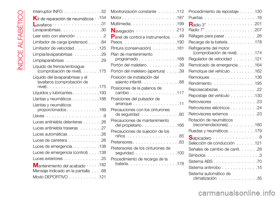 Abarth 124 Spider 2018  Manual de Empleo y Cuidado (in Spanish) Interruptor INFO..............52
Kit de reparación de neumáticos......................154
Lavafaros..................31
Lavaparabrisas...............30
Leer esto con atención..........2
Limitador d
