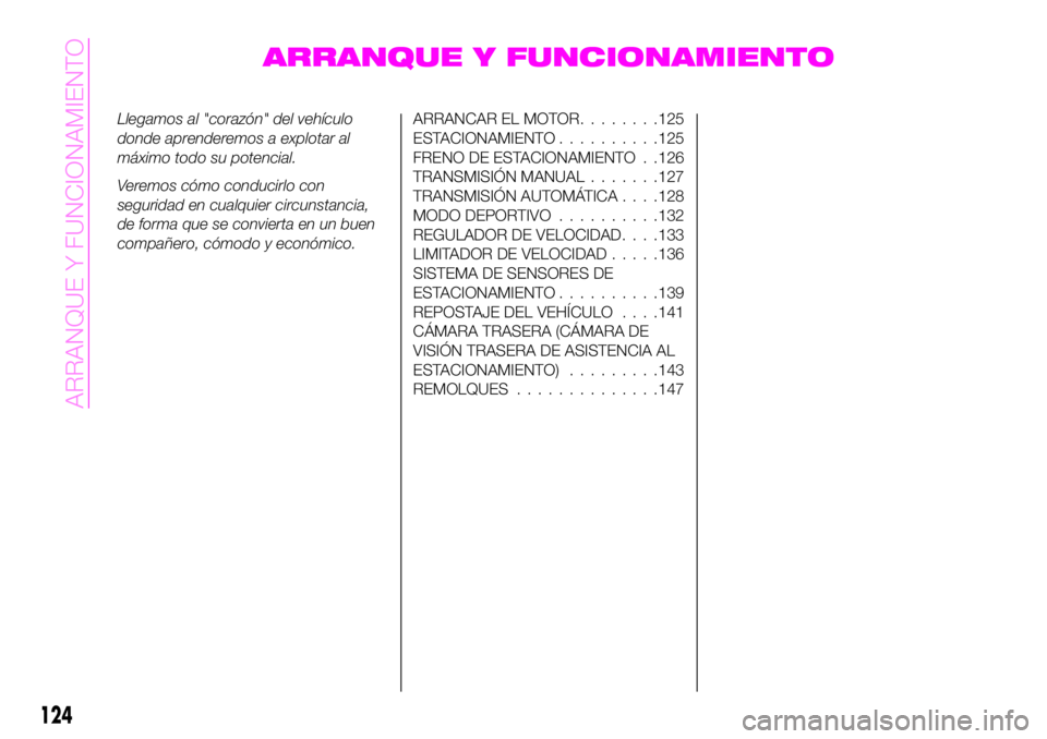 Abarth 124 Spider 2021 Manual de Empleo y Cuidado (in Spanish) ARRANQUE Y FUNCIONAMIENTO
Llegamos al "corazón" del vehículo
donde aprenderemos a explotar al
máximo todo su potencial.
Veremos cómo conducirlo con
seguridad en cualquier circunstancia,
de Abarth 124 Spider 2021 Manual de Empleo y Cuidado (in Spanish) ARRANQUE Y FUNCIONAMIENTO
Llegamos al "corazón" del vehículo
donde aprenderemos a explotar al
máximo todo su potencial.
Veremos cómo conducirlo con
seguridad en cualquier circunstancia,
de