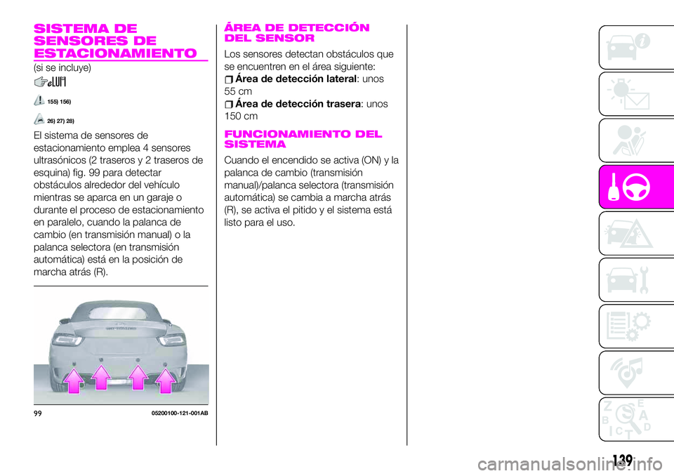Abarth 124 Spider 2020 Manual de Empleo y Cuidado (in Spanish) SISTEMA DE
SENSORES DE
ESTACIONAMIENTO
(si se incluye)
155) 156)
26) 27) 28)
El sistema de sensores de
estacionamiento emplea 4 sensores
ultrasónicos (2 traseros y 2 traseros de
esquina) fig. 99 para Abarth 124 Spider 2020 Manual de Empleo y Cuidado (in Spanish) SISTEMA DE
SENSORES DE
ESTACIONAMIENTO
(si se incluye)
155) 156)
26) 27) 28)
El sistema de sensores de
estacionamiento emplea 4 sensores
ultrasónicos (2 traseros y 2 traseros de
esquina) fig. 99 para