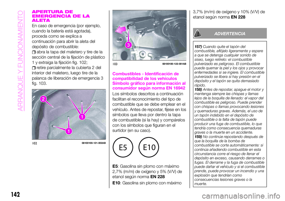 Abarth 124 Spider 2020 Manual de Empleo y Cuidado (in Spanish) APERTURA DE
EMERGENCIA DE LA
ALETA
En caso de emergencia (por ejemplo,
cuando la batería está agotada),
proceda como se explica a
continuación para abrir la aleta del
depósito de combustible:
abra Abarth 124 Spider 2020 Manual de Empleo y Cuidado (in Spanish) APERTURA DE
EMERGENCIA DE LA
ALETA
En caso de emergencia (por ejemplo,
cuando la batería está agotada),
proceda como se explica a
continuación para abrir la aleta del
depósito de combustible:
abra