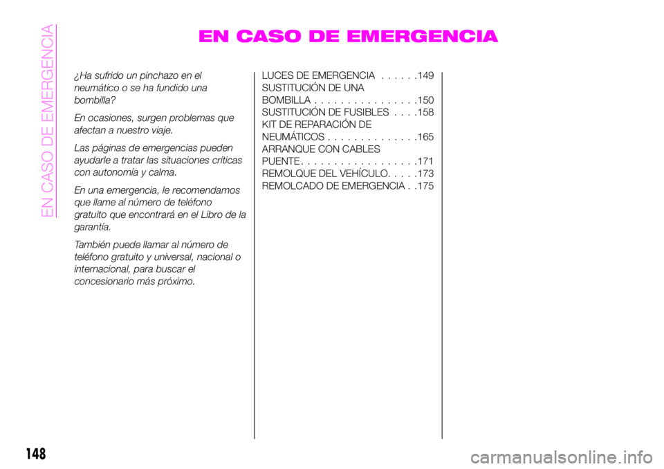 Abarth 124 Spider 2020 Manual de Empleo y Cuidado (in Spanish) EN CASO DE EMERGENCIA
¿Ha sufrido un pinchazo en el
neumático o se ha fundido una
bombilla?
En ocasiones, surgen problemas que
afectan a nuestro viaje.
Las páginas de emergencias pueden
ayudarle a Abarth 124 Spider 2020 Manual de Empleo y Cuidado (in Spanish) EN CASO DE EMERGENCIA
¿Ha sufrido un pinchazo en el
neumático o se ha fundido una
bombilla?
En ocasiones, surgen problemas que
afectan a nuestro viaje.
Las páginas de emergencias pueden
ayudarle a