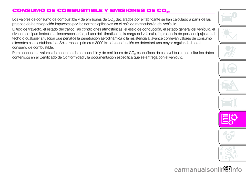 Abarth 124 Spider 2019 Manual de Empleo y Cuidado (in Spanish) CONSUMO DE COMBUSTIBLE Y EMISIONES DE CO2
Los valores de consumo de combustible y de emisiones de CO2declarados por el fabricante se han calculado a partir de las
pruebas de homologación impuestas po Abarth 124 Spider 2019 Manual de Empleo y Cuidado (in Spanish) CONSUMO DE COMBUSTIBLE Y EMISIONES DE CO2
Los valores de consumo de combustible y de emisiones de CO2declarados por el fabricante se han calculado a partir de las
pruebas de homologación impuestas po