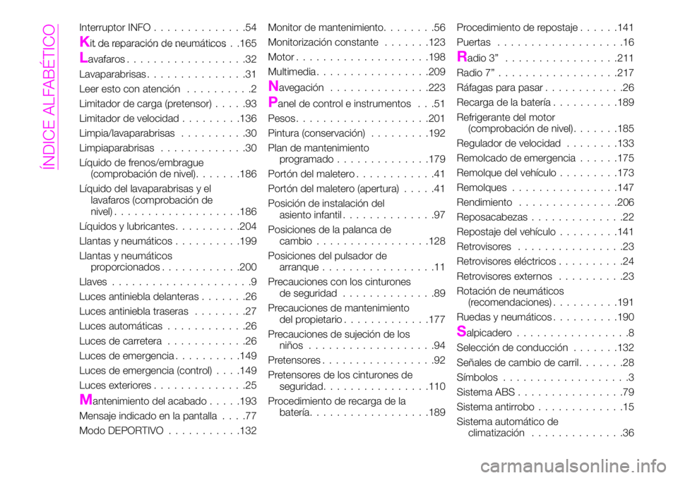 Abarth 124 Spider 2021  Manual de Empleo y Cuidado (in Spanish) Interruptor INFO..............54
Kit de reparación de neumáticos......................165
Lavafaros..................32
Lavaparabrisas...............31
Leer esto con atención..........2
Limitador d