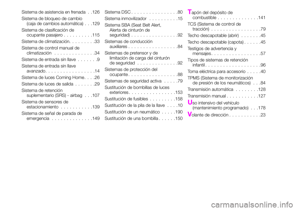 Abarth 124 Spider 2021  Manual de Empleo y Cuidado (in Spanish) Sistema de asistencia en frenada . .126
Sistema de bloqueo de cambio
(caja de cambios automática) . . .129
Sistema de clasificación de
ocupante pasajero..........115
Sistema de climatización.......