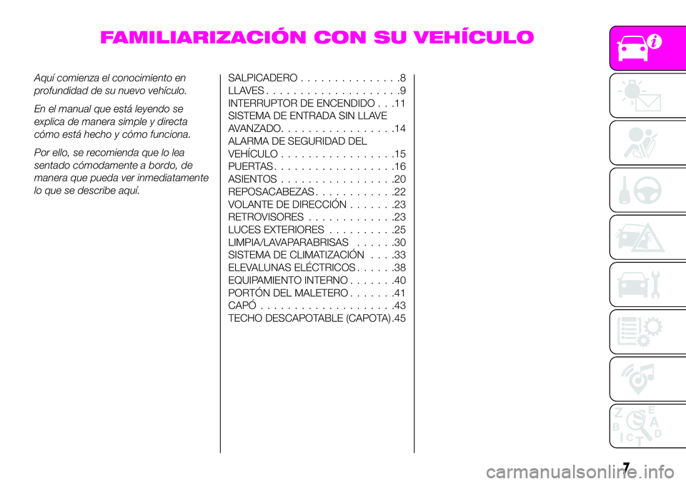 Abarth 124 Spider 2020  Manual de Empleo y Cuidado (in Spanish) FAMILIARIZACIÓN CON SU VEHÍCULO
Aquí comienza el conocimiento en
profundidad de su nuevo vehículo.
En el manual que está leyendo se
explica de manera simple y directa
cómo está hecho y cómo fu