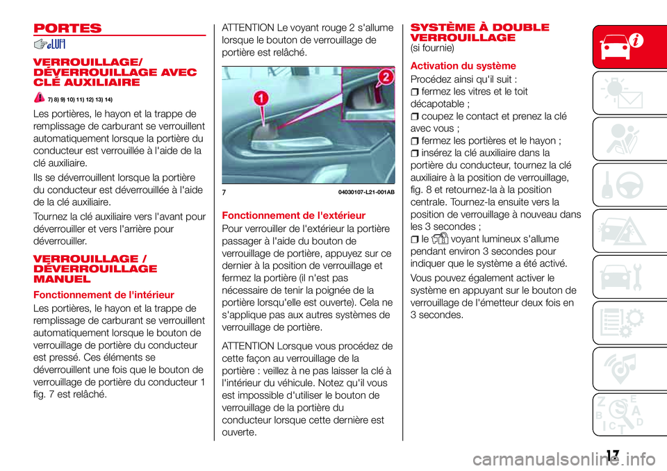 Abarth 124 Spider 2016  Notice dentretien (in French) PORTES
VERROUILLAGE/
DÉVERROUILLAGE AVEC
CLÉ AUXILIAIRE
7) 8) 9) 10) 11) 12) 13) 14)
Les portières, le hayon et la trappe de
remplissage de carburant se verrouillent
automatiquement lorsque la port