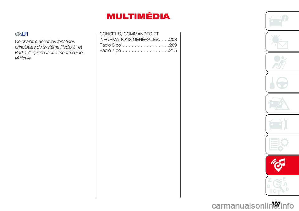Abarth 124 Spider 2016 Notice dentretien (in French) MULTIMÉDIA
Ce chapitre décrit les fonctions
principales du système Radio 3” et
Radio 7” qui peut être monté sur le
véhicule.
CONSEILS, COMMANDES ET
INFORMATIONS GÉNÉRALES. . . .208
Radio 3 Abarth 124 Spider 2016 Notice dentretien (in French) MULTIMÉDIA
Ce chapitre décrit les fonctions
principales du système Radio 3” et
Radio 7” qui peut être monté sur le
véhicule.
CONSEILS, COMMANDES ET
INFORMATIONS GÉNÉRALES. . . .208
Radio 3