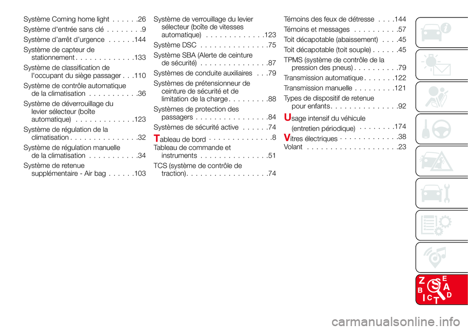 Abarth 124 Spider 2016  Notice dentretien (in French) Système Coming home light......26
Système d'entrée sans clé........9
Système d’arrêt d’urgence......144
Système de capteur de
stationnement.............133
Système de classification de