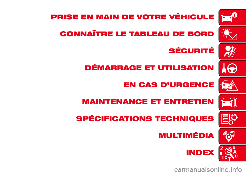 Abarth 124 Spider 2016  Notice dentretien (in French) PRISE EN MAIN DE VOTRE VÉHICULE
CONNAÎTRE LE TABLEAU DE BORD
SÉCURITÉ
DÉMARRAGE ET UTILISATION
EN CAS D’URGENCE
MAINTENANCE ET ENTRETIEN
SPÉCIFICATIONS TECHNIQUES
MULTIMÉDIA
INDEX 