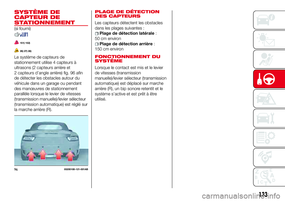 Abarth 124 Spider 2017 Notice dentretien (in French) SYSTÈME DE
CAPTEUR DE
STATIONNEMENT
(si fourni)
151) 152)
26) 27) 28)
Le système de capteurs de
stationnement utilise 4 capteurs à
ultrasons (2 capteurs arrière et
2 capteurs d’angle arrière) f Abarth 124 Spider 2017 Notice dentretien (in French) SYSTÈME DE
CAPTEUR DE
STATIONNEMENT
(si fourni)
151) 152)
26) 27) 28)
Le système de capteurs de
stationnement utilise 4 capteurs à
ultrasons (2 capteurs arrière et
2 capteurs d’angle arrière) f