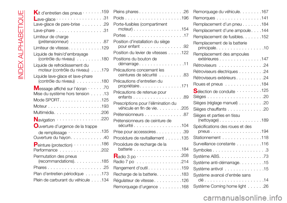 Abarth 124 Spider 2017  Notice dentretien (in French) Kit d’entretien des pneus.......159
Lave-glace.................31
Lave-glace de pare-brise........29
Lave-phare.................31
Limiteur de charge
(prétensionneur)............87
Limiteur de vite