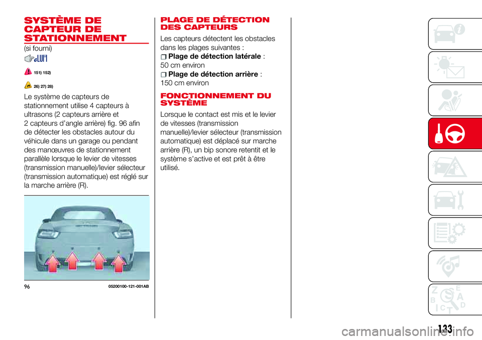 Abarth 124 Spider 2018 Notice dentretien (in French) SYSTÈME DE
CAPTEUR DE
STATIONNEMENT
(si fourni)
151) 152)
26) 27) 28)
Le système de capteurs de
stationnement utilise 4 capteurs à
ultrasons (2 capteurs arrière et
2 capteurs d’angle arrière) f Abarth 124 Spider 2018 Notice dentretien (in French) SYSTÈME DE
CAPTEUR DE
STATIONNEMENT
(si fourni)
151) 152)
26) 27) 28)
Le système de capteurs de
stationnement utilise 4 capteurs à
ultrasons (2 capteurs arrière et
2 capteurs d’angle arrière) f