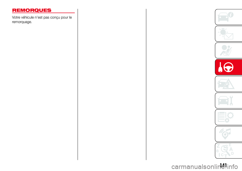 Abarth 124 Spider 2018 Notice dentretien (in French) REMORQUES
Votre véhicule n’est pas conçu pour le
remorquage.
141 Abarth 124 Spider 2018 Notice dentretien (in French) REMORQUES
Votre véhicule n’est pas conçu pour le
remorquage.
141