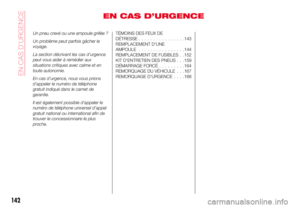 Abarth 124 Spider 2018 Notice dentretien (in French) EN CAS D’URGENCE
Un pneu crevé ou une ampoule grillée ?
Un problème peut parfois gâcher le
voyage.
La section décrivant les cas d’urgence
peut vous aider à remédier aux
situations critiques Abarth 124 Spider 2018 Notice dentretien (in French) EN CAS D’URGENCE
Un pneu crevé ou une ampoule grillée ?
Un problème peut parfois gâcher le
voyage.
La section décrivant les cas d’urgence
peut vous aider à remédier aux
situations critiques
