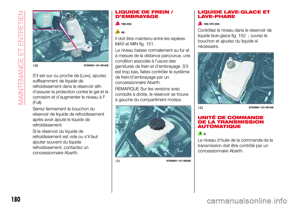 Abarth 124 Spider 2018 Notice dentretien (in French) S’il est sur ou proche de (Low), ajoutez
suffisamment de liquide de
refroidissement dans le réservoir afin
d'assurer la protection contre le gel et la
corrosion et d’augmenter le niveau à F
Abarth 124 Spider 2018 Notice dentretien (in French) S’il est sur ou proche de (Low), ajoutez
suffisamment de liquide de
refroidissement dans le réservoir afin
d'assurer la protection contre le gel et la
corrosion et d’augmenter le niveau à F