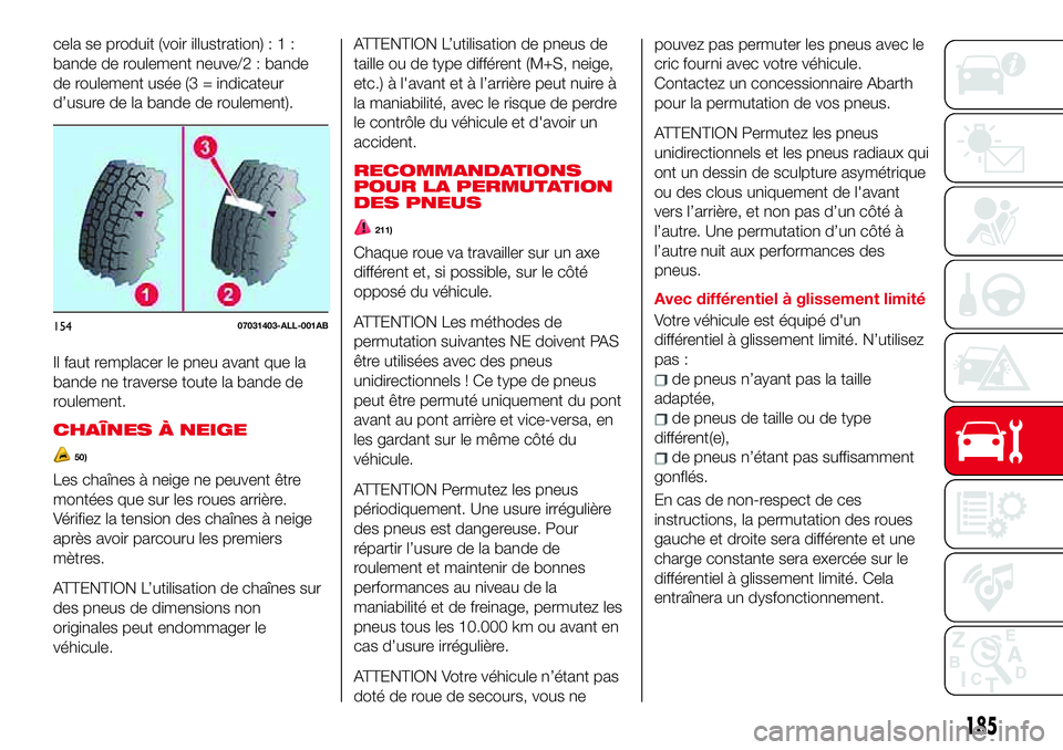 Abarth 124 Spider 2018 Notice dentretien (in French) cela se produit (voir illustration):1:
bande de roulement neuve/2 : bande
de roulement usée (3 = indicateur
d’usure de la bande de roulement).
Il faut remplacer le pneu avant que la
bande ne traver Abarth 124 Spider 2018 Notice dentretien (in French) cela se produit (voir illustration):1:
bande de roulement neuve/2 : bande
de roulement usée (3 = indicateur
d’usure de la bande de roulement).
Il faut remplacer le pneu avant que la
bande ne traver