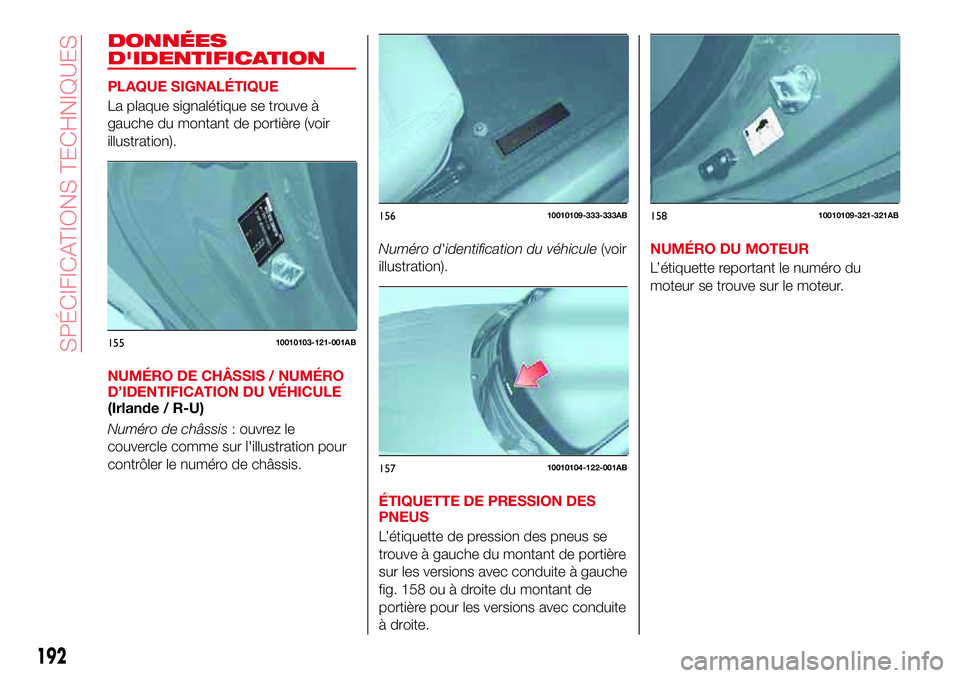 Abarth 124 Spider 2018 Notice dentretien (in French) DONNÉES
D'IDENTIFICATION
PLAQUE SIGNALÉTIQUE
La plaque signalétique se trouve à
gauche du montant de portière (voir
illustration).
NUMÉRO DE CHÂSSIS / NUMÉRO
D’IDENTIFICATION DU VÉHICUL Abarth 124 Spider 2018 Notice dentretien (in French) DONNÉES
D'IDENTIFICATION
PLAQUE SIGNALÉTIQUE
La plaque signalétique se trouve à
gauche du montant de portière (voir
illustration).
NUMÉRO DE CHÂSSIS / NUMÉRO
D’IDENTIFICATION DU VÉHICUL