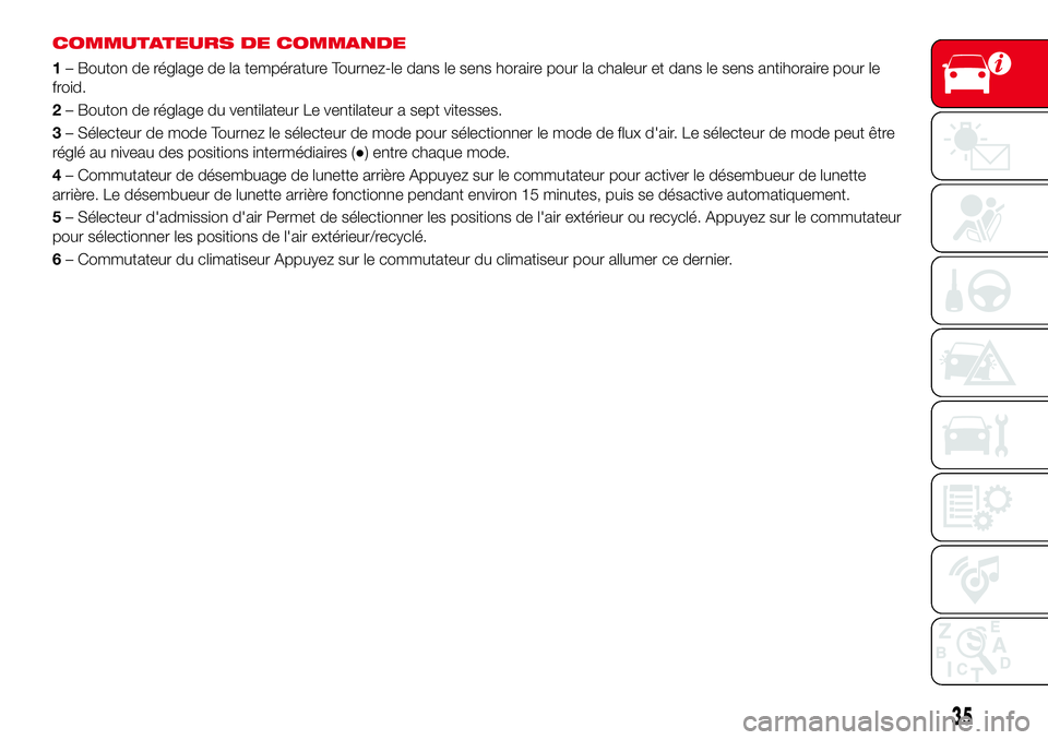 Abarth 124 Spider 2018 Notice dentretien (in French) COMMUTATEURS DE COMMANDE
1– Bouton de réglage de la température Tournez-le dans le sens horaire pour la chaleur et dans le sens antihoraire pour le
froid.
2– Bouton de réglage du ventilateur Le Abarth 124 Spider 2018 Notice dentretien (in French) COMMUTATEURS DE COMMANDE
1– Bouton de réglage de la température Tournez-le dans le sens horaire pour la chaleur et dans le sens antihoraire pour le
froid.
2– Bouton de réglage du ventilateur Le
