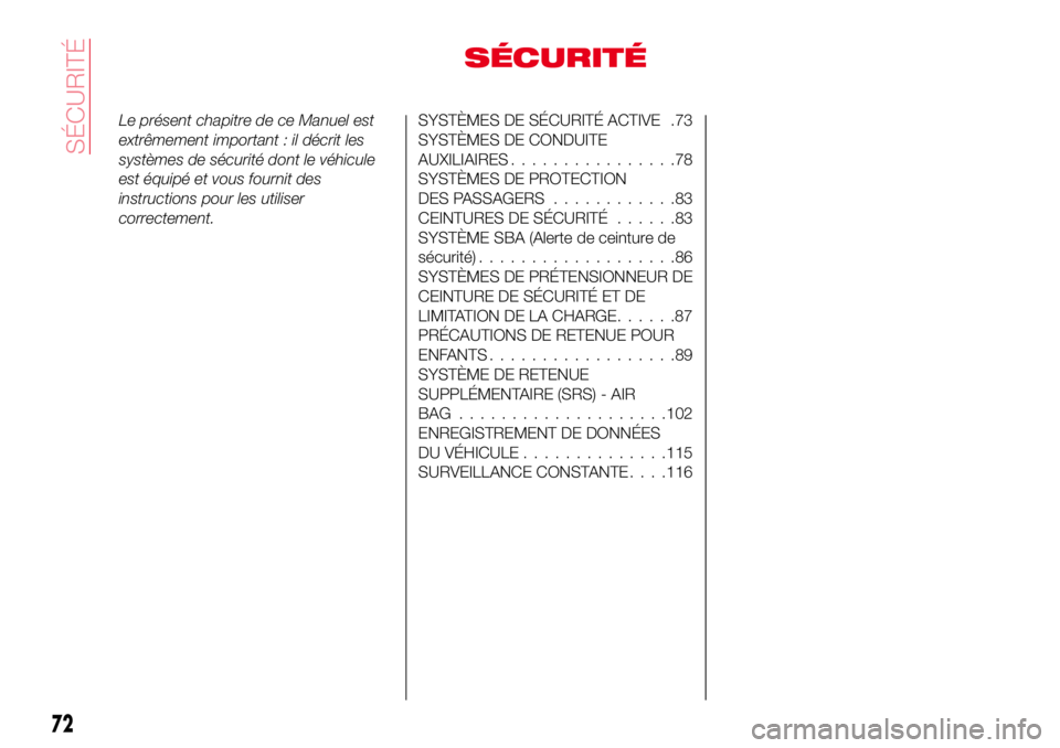 Abarth 124 Spider 2018 Notice dentretien (in French) SÉCURITÉ
Le présent chapitre de ce Manuel est
extrêmement important : il décrit les
systèmes de sécurité dont le véhicule
est équipé et vous fournit des
instructions pour les utiliser
corre Abarth 124 Spider 2018 Notice dentretien (in French) SÉCURITÉ
Le présent chapitre de ce Manuel est
extrêmement important : il décrit les
systèmes de sécurité dont le véhicule
est équipé et vous fournit des
instructions pour les utiliser
corre