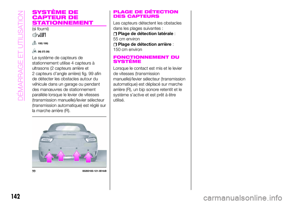 Abarth 124 Spider 2020  Notice dentretien (in French) SYSTÈME DE
CAPTEUR DE
STATIONNEMENT
(si fourni)
155) 156)
26) 27) 28)
Le système de capteurs de
stationnement utilise 4 capteurs à
ultrasons (2 capteurs arrière et
2 capteurs d’angle arrière) f