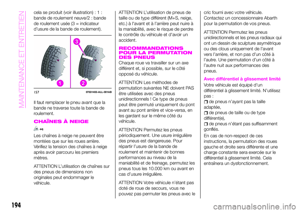 Abarth 124 Spider 2020 Notice dentretien (in French) cela se produit (voir illustration):1:
bande de roulement neuve/2 : bande
de roulement usée (3 = indicateur
d’usure de la bande de roulement).
Il faut remplacer le pneu avant que la
bande ne traver Abarth 124 Spider 2020 Notice dentretien (in French) cela se produit (voir illustration):1:
bande de roulement neuve/2 : bande
de roulement usée (3 = indicateur
d’usure de la bande de roulement).
Il faut remplacer le pneu avant que la
bande ne traver