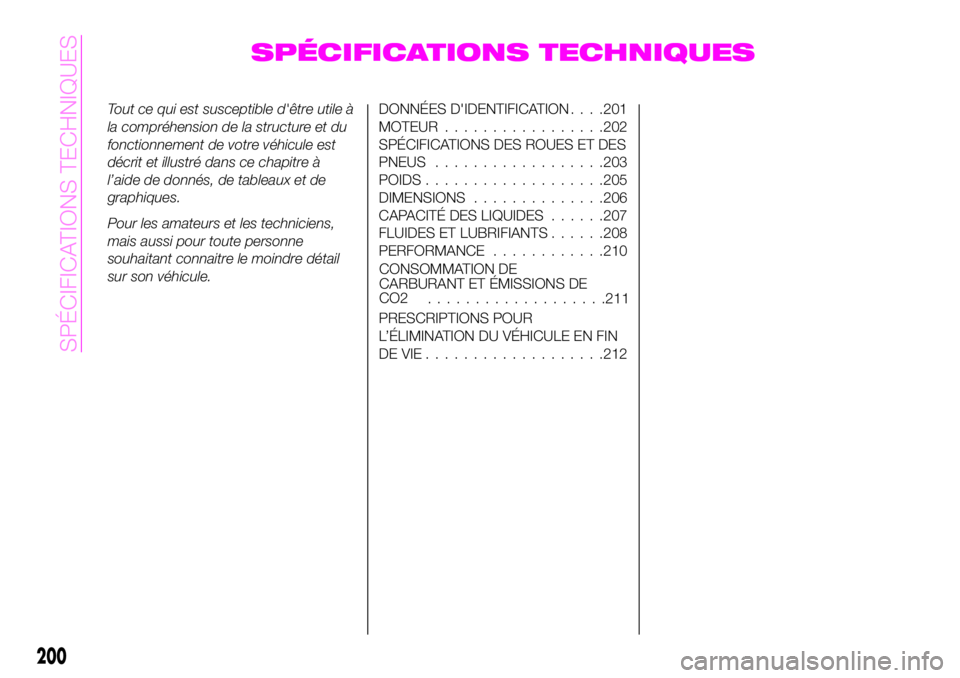Abarth 124 Spider 2020  Notice dentretien (in French) SPÉCIFICATIONS TECHNIQUES
Tout ce qui est susceptible d'être utile à
la compréhension de la structure et du
fonctionnement de votre véhicule est
décrit et illustré dans ce chapitre à
l’a