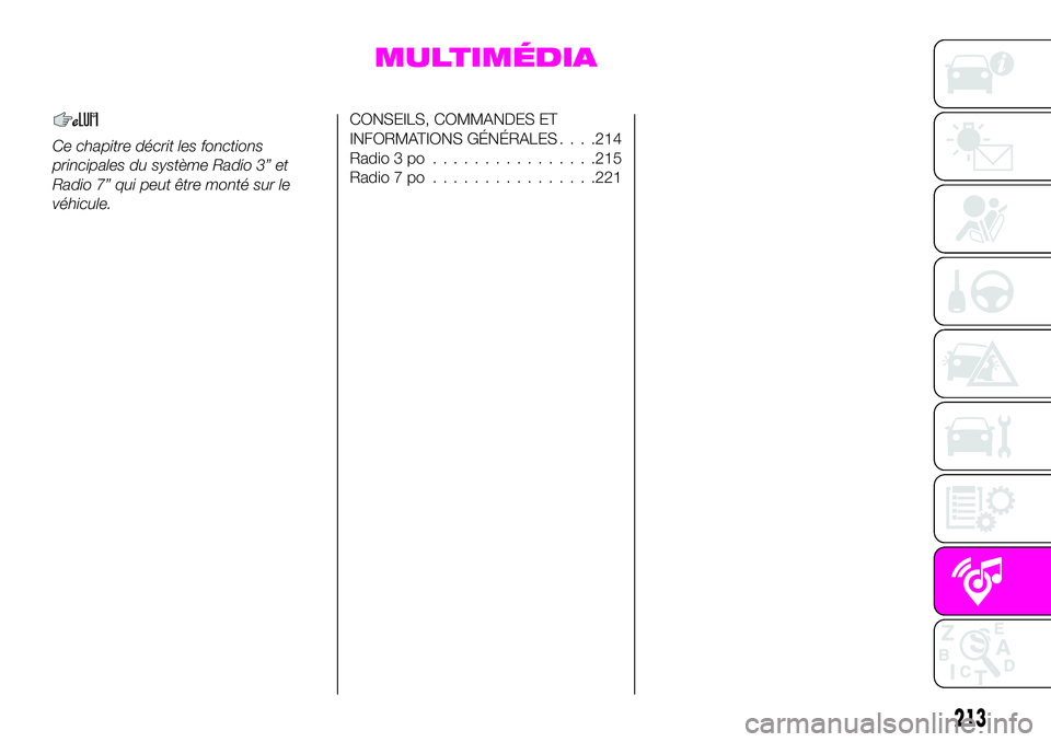 Abarth 124 Spider 2021  Notice dentretien (in French) MULTIMÉDIA
Ce chapitre décrit les fonctions
principales du système Radio 3” et
Radio 7” qui peut être monté sur le
véhicule.
CONSEILS, COMMANDES ET
INFORMATIONS GÉNÉRALES. . . .214
Radio 3