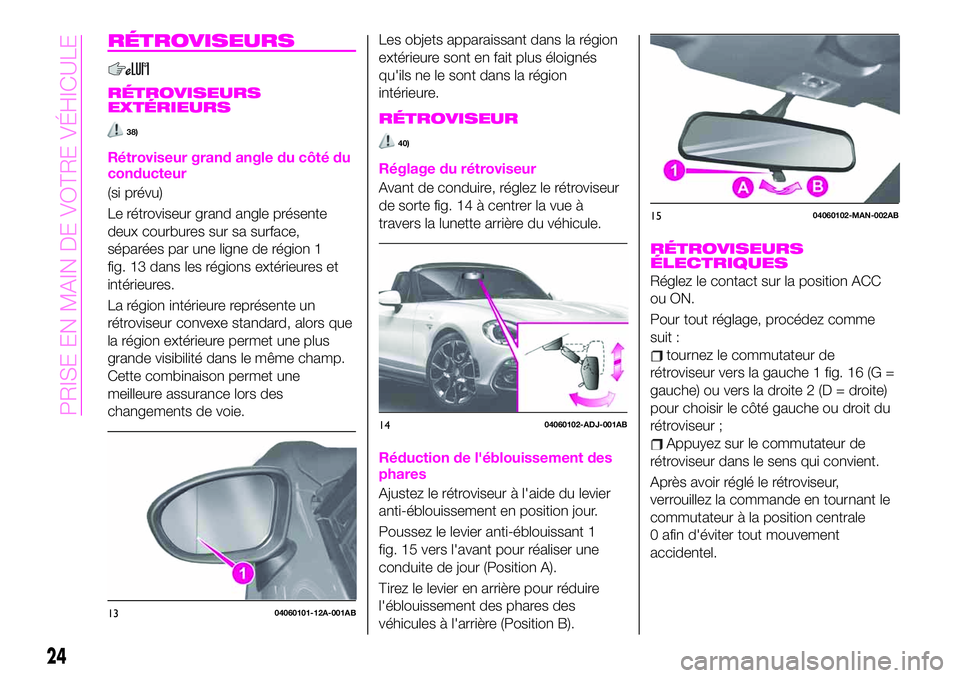 Abarth 124 Spider 2020 Notice dentretien (in French) RÉTROVISEURS
RÉTROVISEURS
EXTÉRIEURS
38)
Rétroviseur grand angle du côté du
conducteur
(si prévu)
Le rétroviseur grand angle présente
deux courbures sur sa surface,
séparées par une ligne d Abarth 124 Spider 2020 Notice dentretien (in French) RÉTROVISEURS
RÉTROVISEURS
EXTÉRIEURS
38)
Rétroviseur grand angle du côté du
conducteur
(si prévu)
Le rétroviseur grand angle présente
deux courbures sur sa surface,
séparées par une ligne d