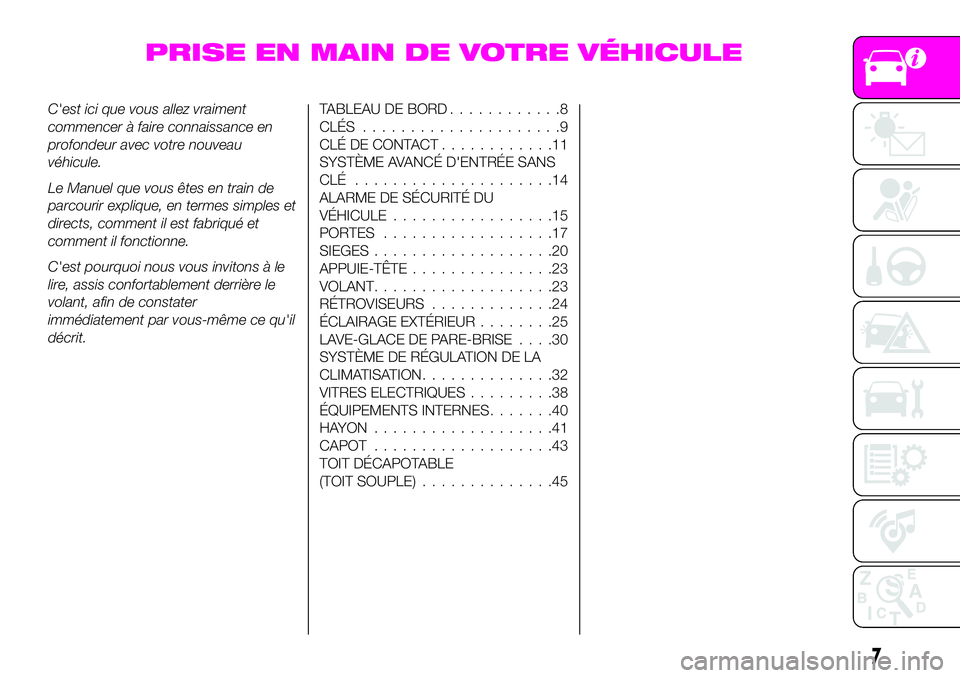 Abarth 124 Spider 2020  Notice dentretien (in French) PRISE EN MAIN DE VOTRE VÉHICULE
C'est ici que vous allez vraiment
commencer à faire connaissance en
profondeur avec votre nouveau
véhicule.
Le Manuel que vous êtes en train de
parcourir expliq