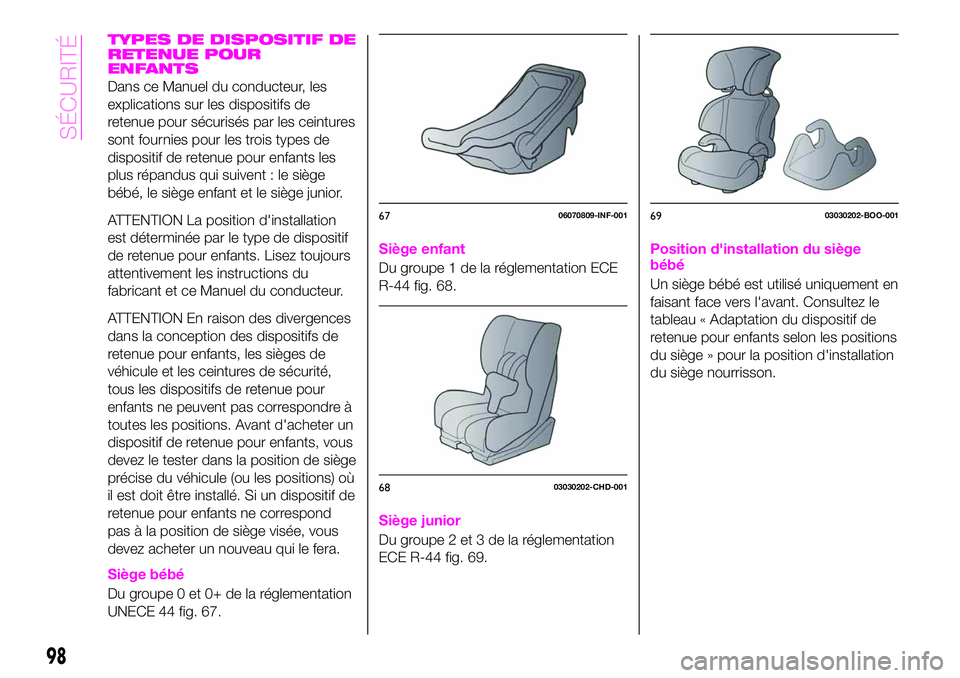 Abarth 124 Spider 2020 Notice dentretien (in French) TYPES DE DISPOSITIF DE
RETENUE POUR
ENFANTS
Dans ce Manuel du conducteur, les
explications sur les dispositifs de
retenue pour sécurisés par les ceintures
sont fournies pour les trois types de
dispo Abarth 124 Spider 2020 Notice dentretien (in French) TYPES DE DISPOSITIF DE
RETENUE POUR
ENFANTS
Dans ce Manuel du conducteur, les
explications sur les dispositifs de
retenue pour sécurisés par les ceintures
sont fournies pour les trois types de
dispo